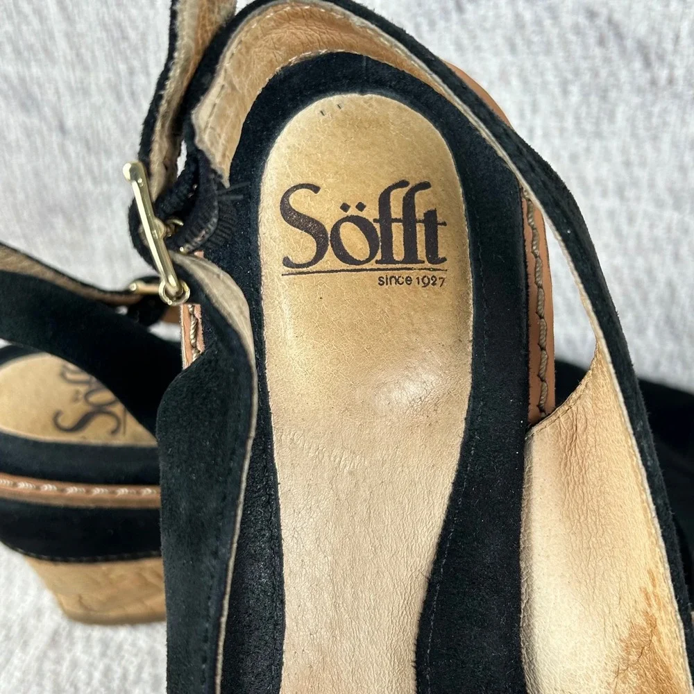 Sofft Womens Black Suede Cork Wedge Peep Toe Slingback Sandals Size 7.5M CBHK12